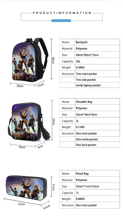 Set de 3 bucăți de ghiozdane Fortnite pentru băieți și fete, cu tematică Battle Royale, seturi de ghiozdane pentru jocuri, rucsacuri pentru jocuri, cadouri școlare