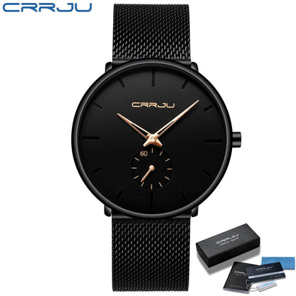 Reloj para hombre CRRJU: reloj de cuarzo de lujo, de estilo informal, fino, con correa de malla de acero, resistente al agua y deportivo.