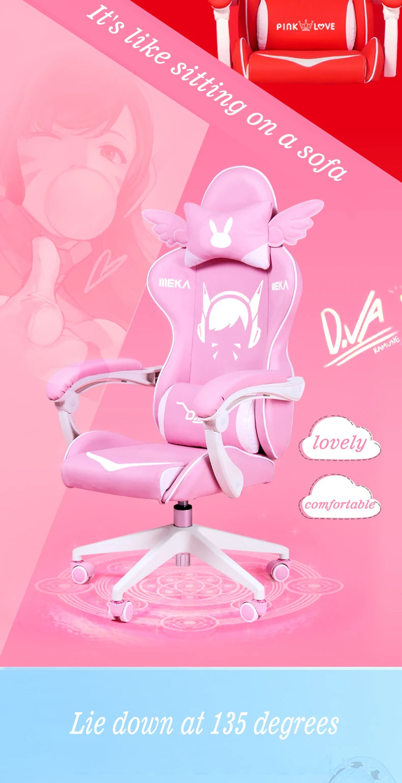 Cute Pink Gaming Chair Ergonomic Computer Chair with Footrest, Adjustable Height, Reclining Swivel Office Chair for Girls, Home Office & Gaming