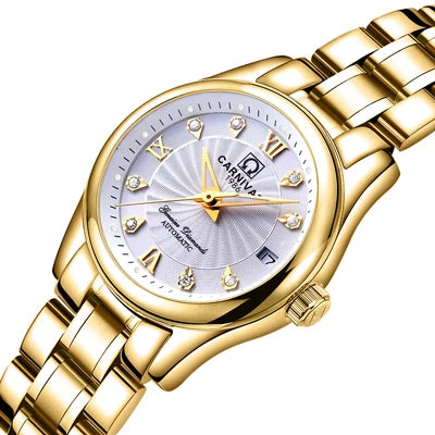 Mechanisch dameshorloge van het merk CARNIVAL – Elegant model, automatisch uurwerk, saffierglas, waterdicht.