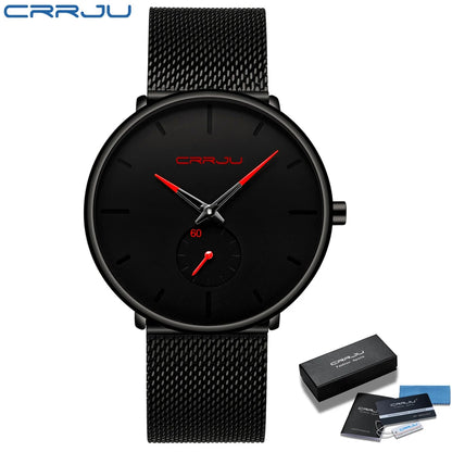 Reloj para hombre CRRJU: reloj de cuarzo de lujo, de estilo informal, fino, con correa de malla de acero, resistente al agua y deportivo.