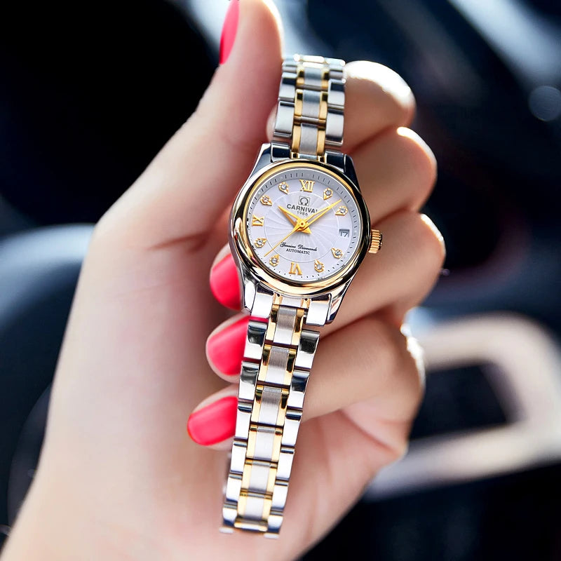Mechanisch dameshorloge van het merk CARNIVAL – Elegant model, automatisch uurwerk, saffierglas, waterdicht.