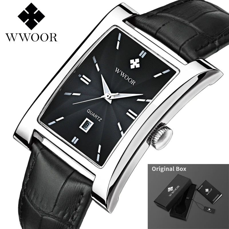 WWOOR Brand Classic Fashion Mens Rectangle Watches Male Gold Brown Leather Quartz Waterproof Wrist Watch For Men Calendar Clocks