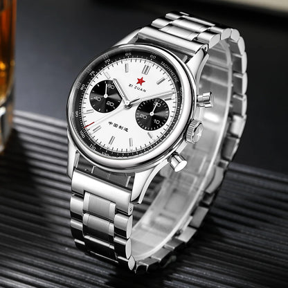 Red Star Panda Mens 1963 Chronograph Mechanical Wristwatch Seagull st1901 Movement Gooseneck 40mm Luminous Sapphire Pilot Watch