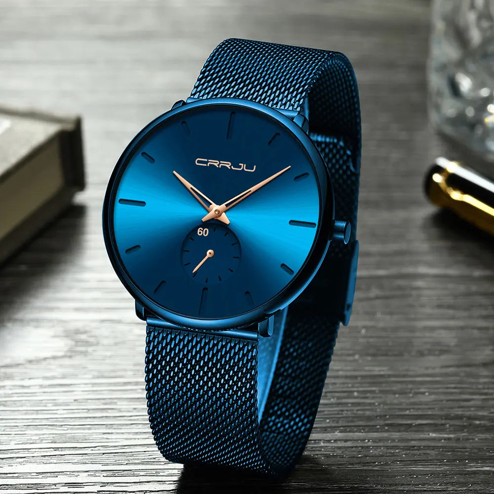Reloj para hombre CRRJU: reloj de cuarzo de lujo, de estilo informal, fino, con correa de malla de acero, resistente al agua y deportivo.
