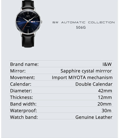 Japan MIYOTA Automatic Watch 3D Curved Sapphire Mechanical Wristwatches Waterproof Leather Strap Double Calendar Watches for Men