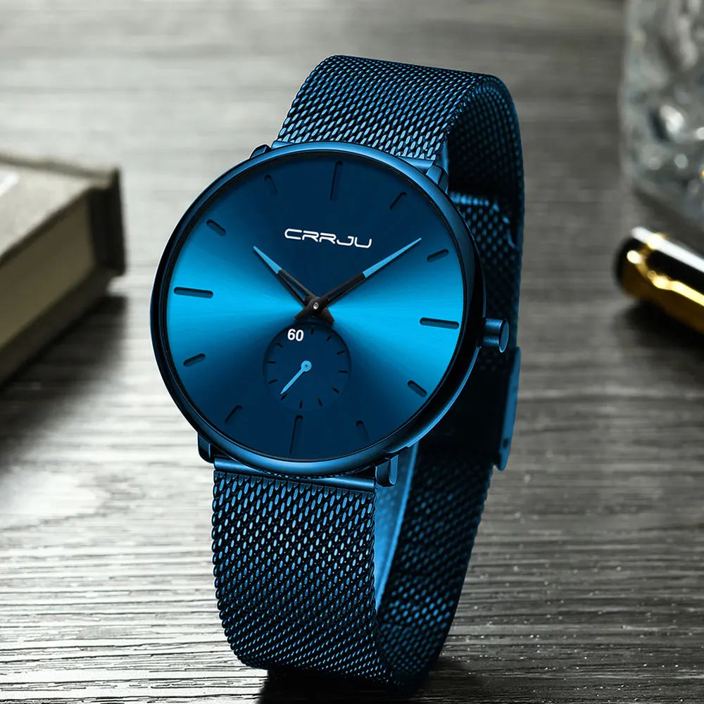 Reloj para hombre CRRJU: reloj de cuarzo de lujo, de estilo informal, fino, con correa de malla de acero, resistente al agua y deportivo.