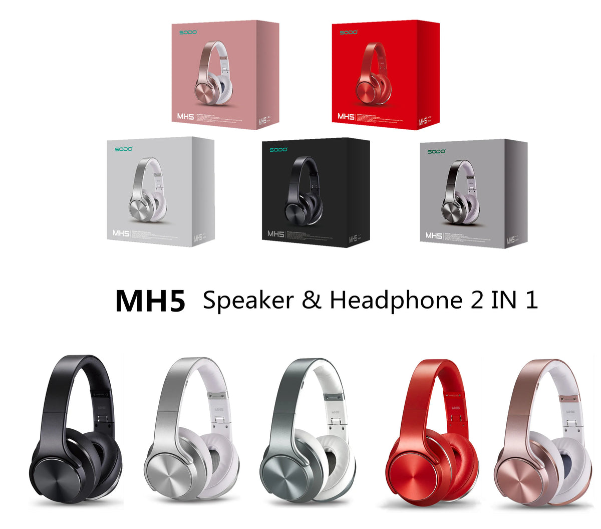 Casque Bluetooth supra-auriculaire robuste 2-en-1 SODO MH-5 avec haut-parleur, casque sans fil pliable avec micro, 3 modes d'égalisation