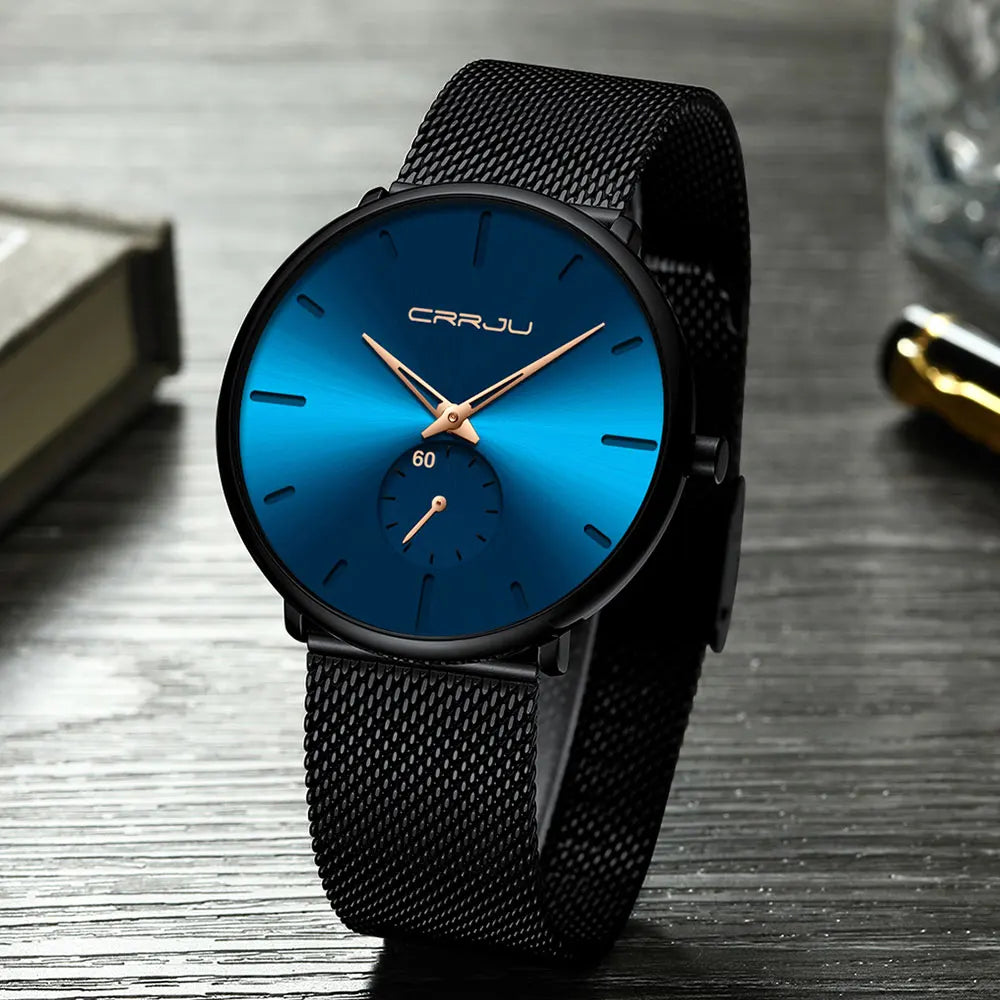 Reloj para hombre CRRJU: reloj de cuarzo de lujo, de estilo informal, fino, con correa de malla de acero, resistente al agua y deportivo.