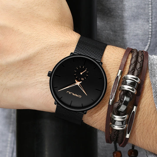 CRRJU Men’s Watch – Luxury quartz watch, casual style, slim, with a steel mesh strap, water-resistant and sporty.