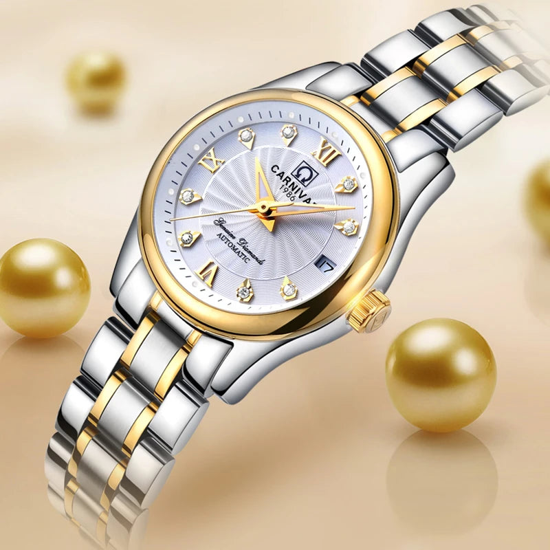 Mechanisch dameshorloge van het merk CARNIVAL – Elegant model, automatisch uurwerk, saffierglas, waterdicht.