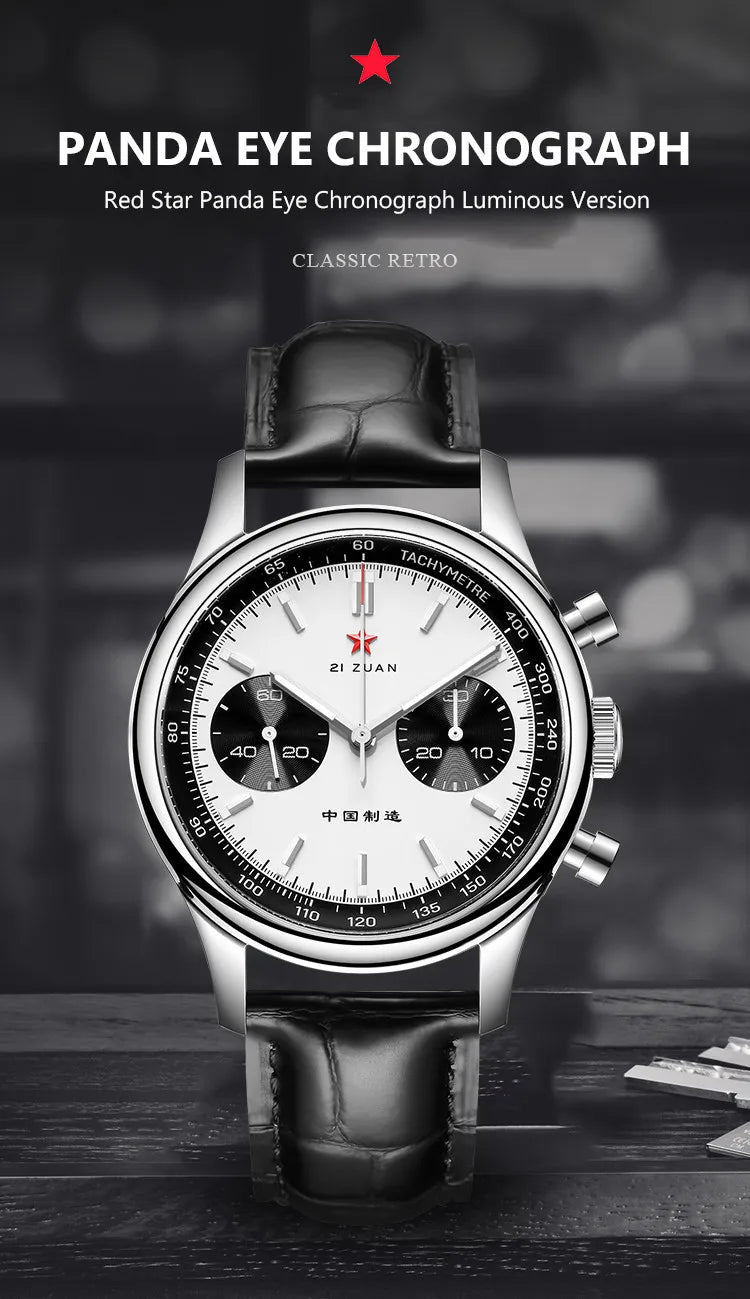 Red Star Panda Mens 1963 Chronograph Mechanical Wristwatch Seagull st1901 Movement Gooseneck 40mm Luminous Sapphire Pilot Watch