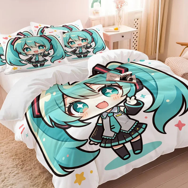 Komplet posteljnine Hatsune Miku v slogu chibi – simpatična anime posteljnina z vzglavniki za igralno sobo, dekoracija za otroško in najstniško spalnico, darilo za oboževalce
