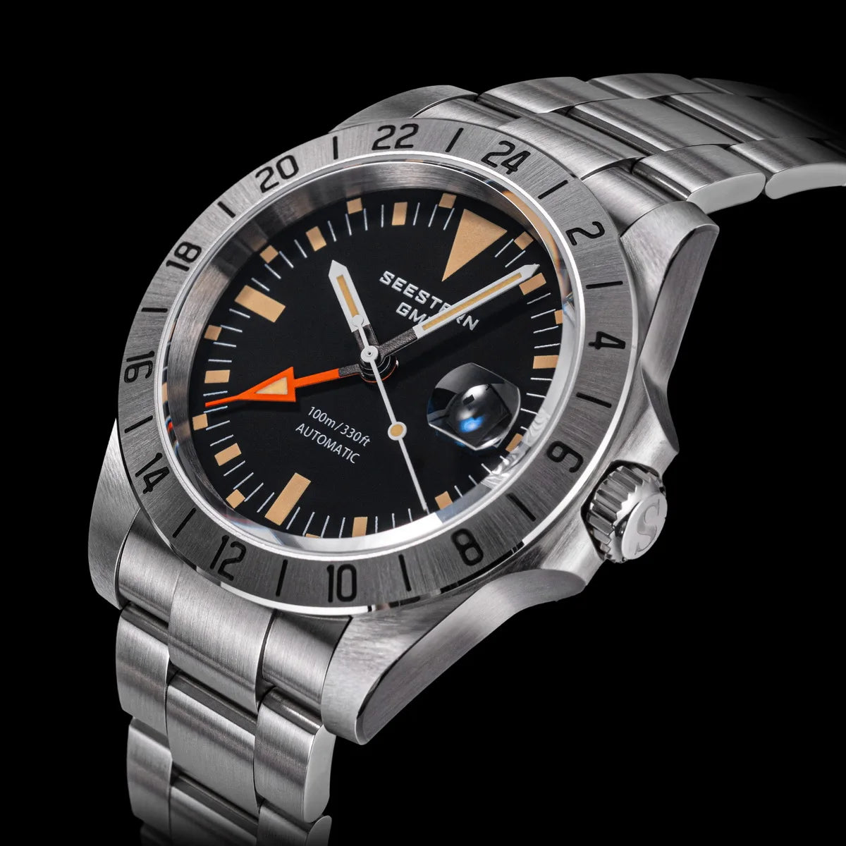 SEESTERN GMT Retro Watch for Men NH34 Automatic Movement Mechanical Wristwatches Sapphire Crystal Fine-tuning Pull Button S436