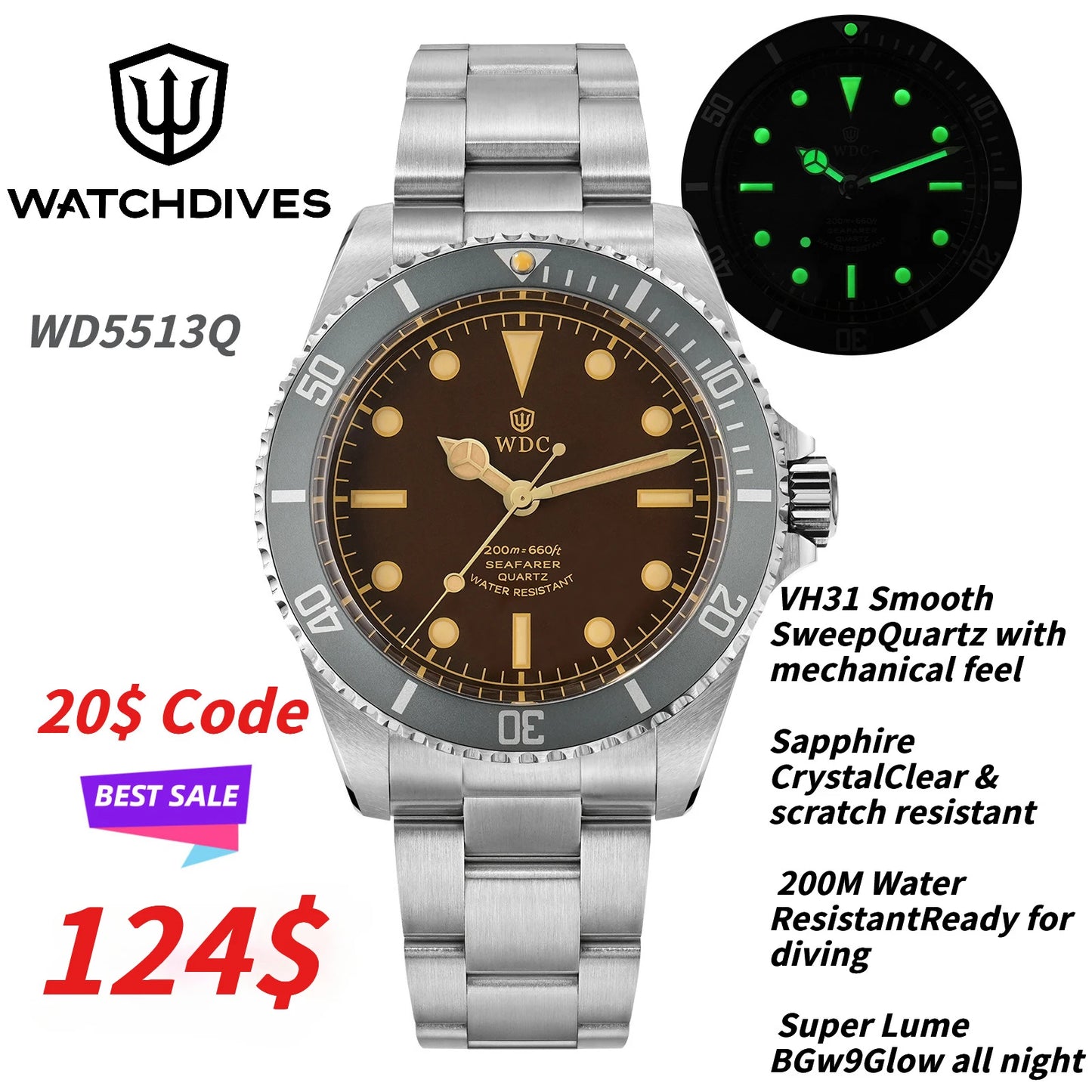 Watchdives WD5513Q 40mm Quartz Diver Watch VH31 Sweep Second Sapphire 200m Waterproof Steel Bracelet BGW9 Lume Mens Watch