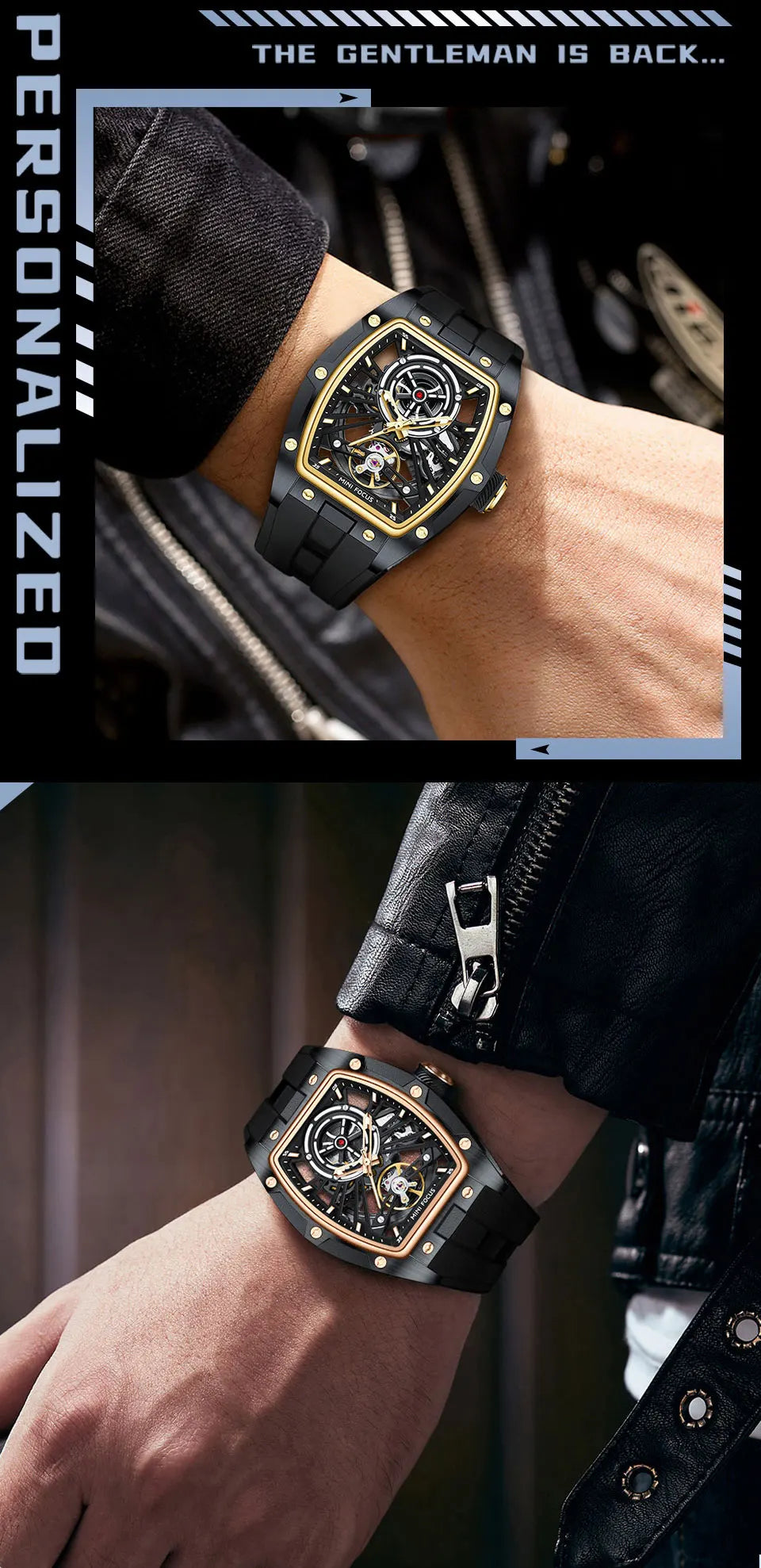 MINI FOCUS Herren-Armbanduhr, modisch, schwarz, wasserdicht, automatische mechanische Uhr mit Leuchtzeigern, Silikonarmband und Tonneau-Zifferblatt
