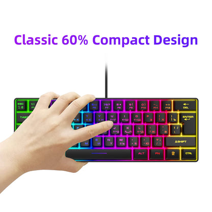 Gaming Keyboard,Russian/English RGB Backlit 61 Key Ultra-Compact Keyboard, Waterproof Mechanical Feeling Office aming Keyboards