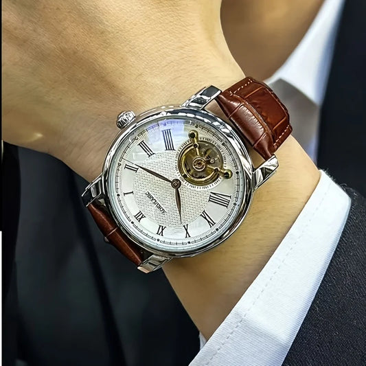 Relógio mecânico automático para homem – Design elegante com aberturas, estilo «business casual» na moda, caixa em liga e bracelete em pele, sem pilha