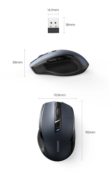 Bezdrátová myš UGREEN Bluetooth 5.0, ergonomická myš 4000 DPI se 6 tichými tlačítky pro MacBook, tablet, notebook, počítač PC, 2.4G myši