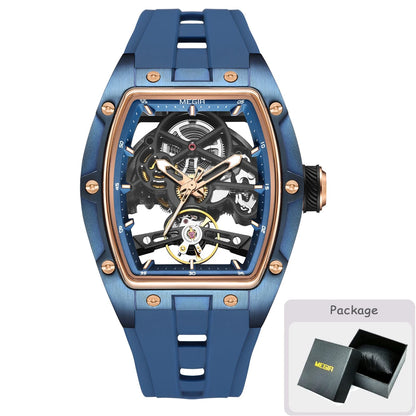 Reloj mecánico para hombre MEGIR, forma de barril, esfera esqueletizada calada, estilo deportivo, correa de silicona, reloj automático de lujo