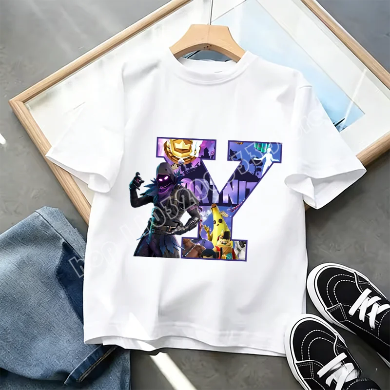 Тениска Fortnite A-Z Alphabet Print за деца, лятна бяла дреха, популярна тениска с анимационна игра, модерен ежедневен топ с къс ръкав, подарък
