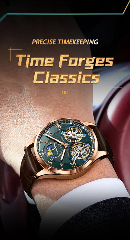 CAREKISO Fashion Men's Clock Double Hollow Tourbillon Automatic Mechanical Man Watch Waterproof Luminous Leather Men's Watches+Box