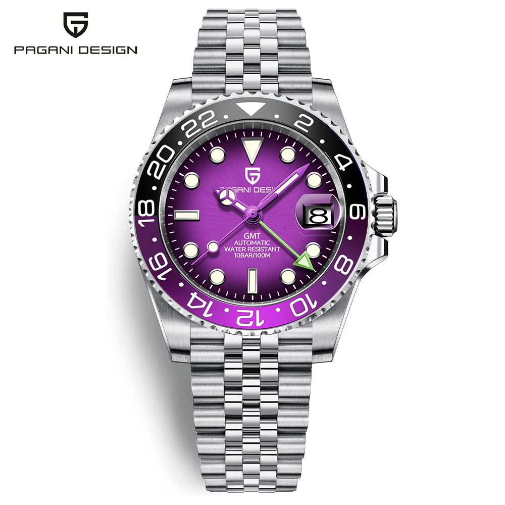 Montre mécanique pour homme PAGANI DESIGN (40 mm) – Cadran violet, fonction GMT, bracelet type Jubilee, verre saphir, étanche, mouvement automatique