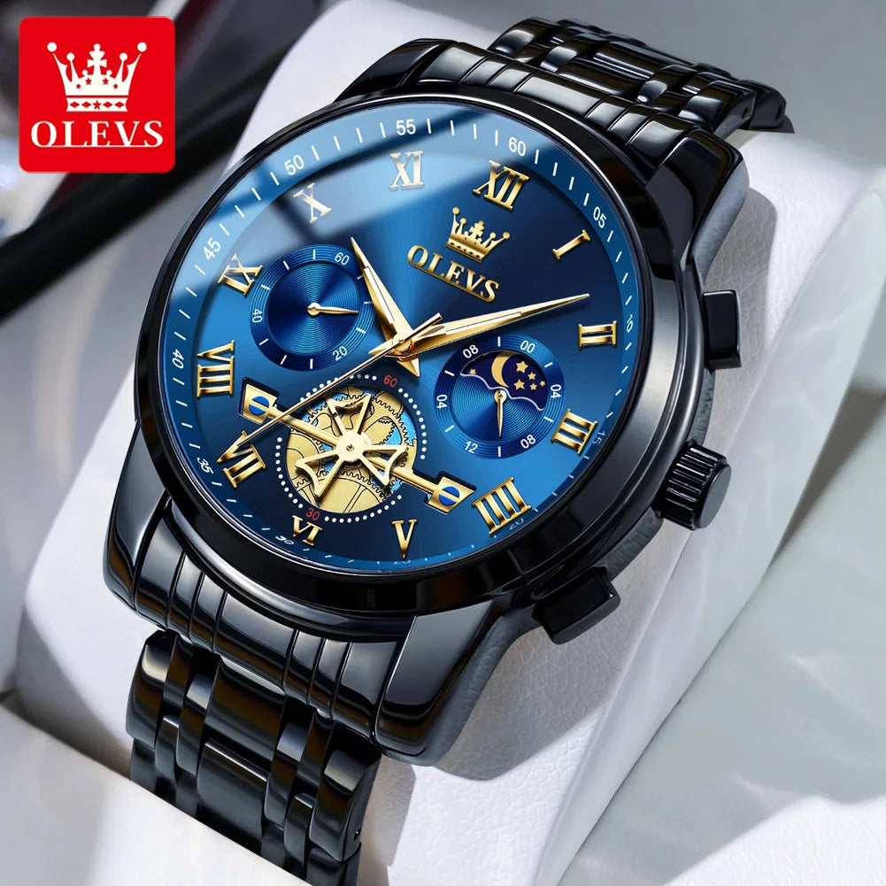 Reloj para hombre OLEVS 2859: modelo clásico y lujoso con números romanos, multifunción, resistente al agua, esfera luminiscente y mecanismo de cuarzo de alta calidad.