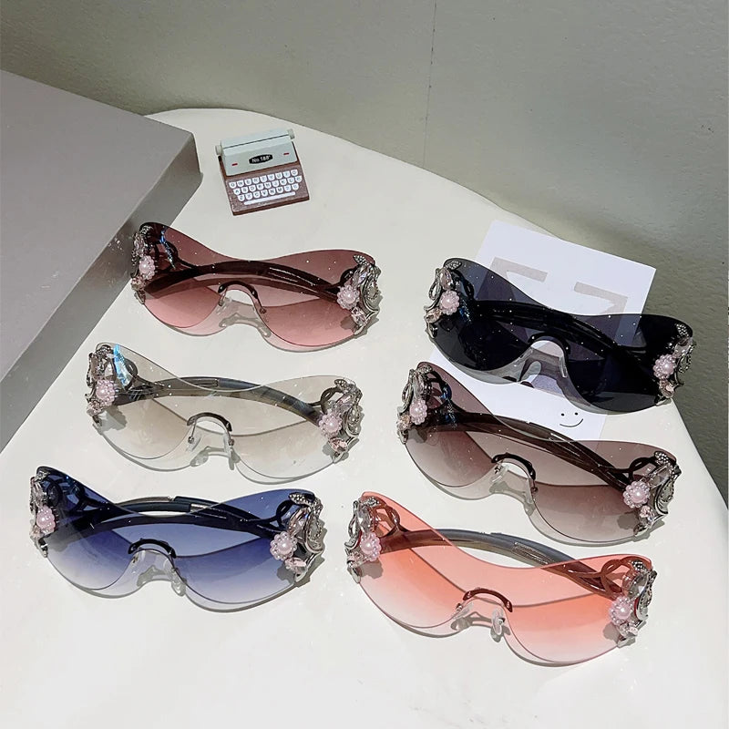 KAMMPT Rimless Y2k Sunglasses with Rhinestones Women Fashion Monoblock Outdoor Decor Shades Trendy Design Gradient Sun Glasses