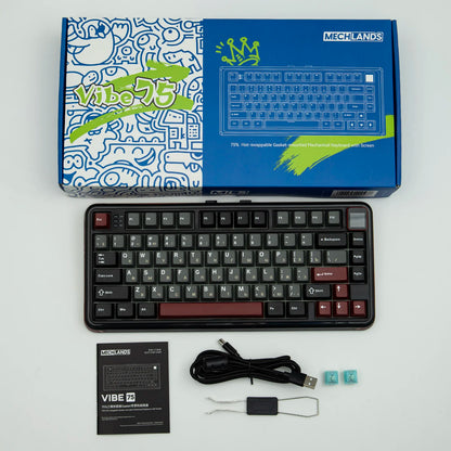 RU Layout MechLands Vibe 75 V2 Russian Version 75% Compact Layout Wired/BT/2.4GHz Wireless Mechanical Keyboard RGB Backlight TFT Screen