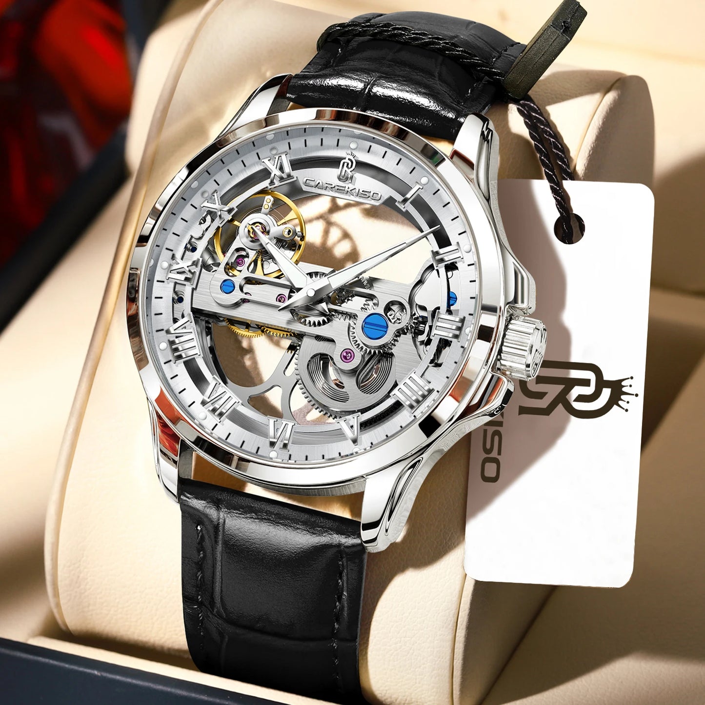 CAREKISO Fashion Men's Watches Original Mechanical Leather Men Clock Waterproof Hollow Tourbillon Automatic Man Watch Reloj Male