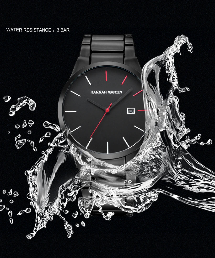 Hannah Martin herenhorloge, roestvrijstalen kast, quartz uurwerk, wijzerplaat van 41 mm, zakelijke stijl, met kalenderweergave (imitatie)