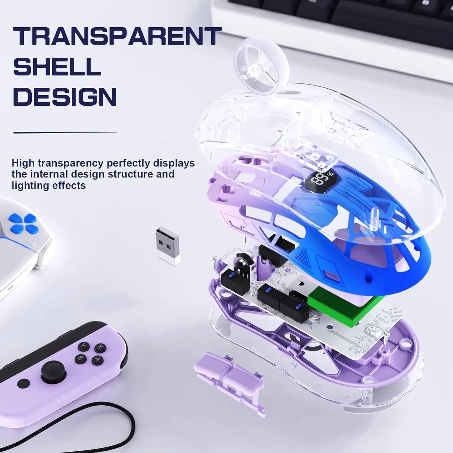 A2 Transparent Wireless Gaming Mouse, BT 5.0/2.4G PC Rechargeable RGB Mice with Digital Screen, PixArt 3212, 5 Adjustable DPI