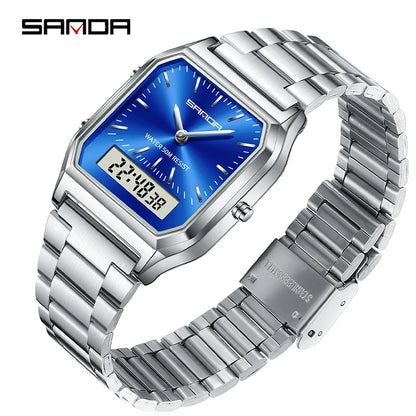 SANDA 747 Men’s & Women’s Luxury Digital Sports Watch  Stainless Steel, LED Dual Display & Waterproof