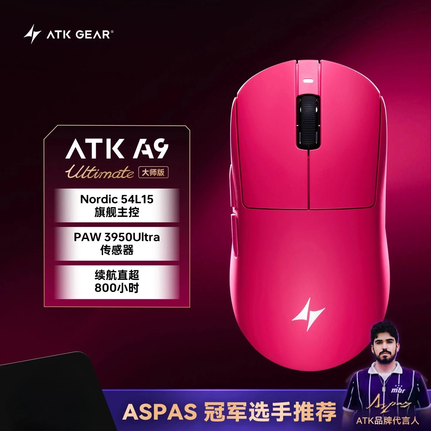 Ratón gaming inalámbrico Bluetooth ATK Dragonfly A9, diseño ergonómico, respuesta rápida, PAW3950 Ultra, 800mAh, ligero, 8KHz, esports