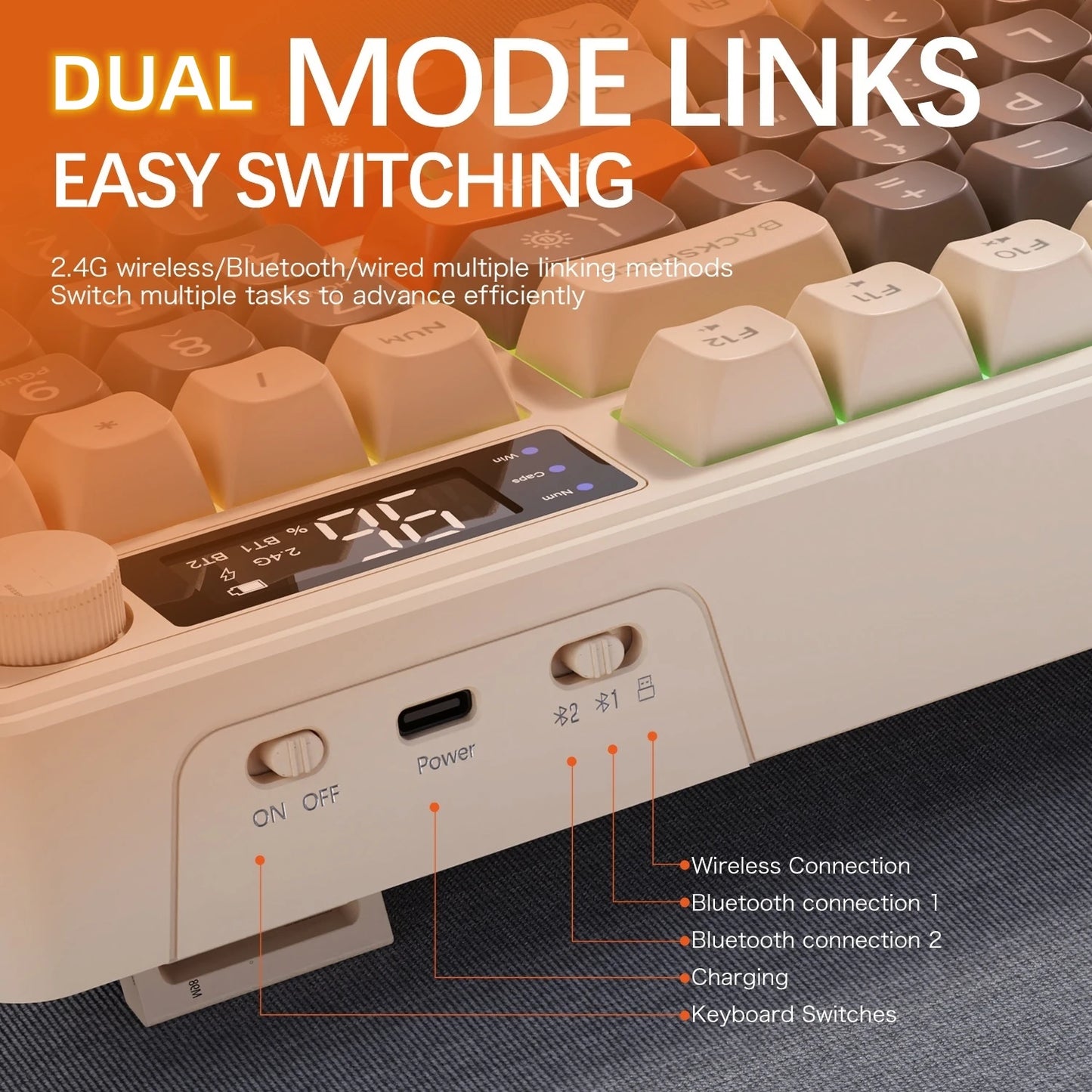 M96 Bluetooth Wireless Keyboard FREEWOLF Digital Display,RGB Backlight,2000mAh Battery & PBT Keycaps for PC/Laptop