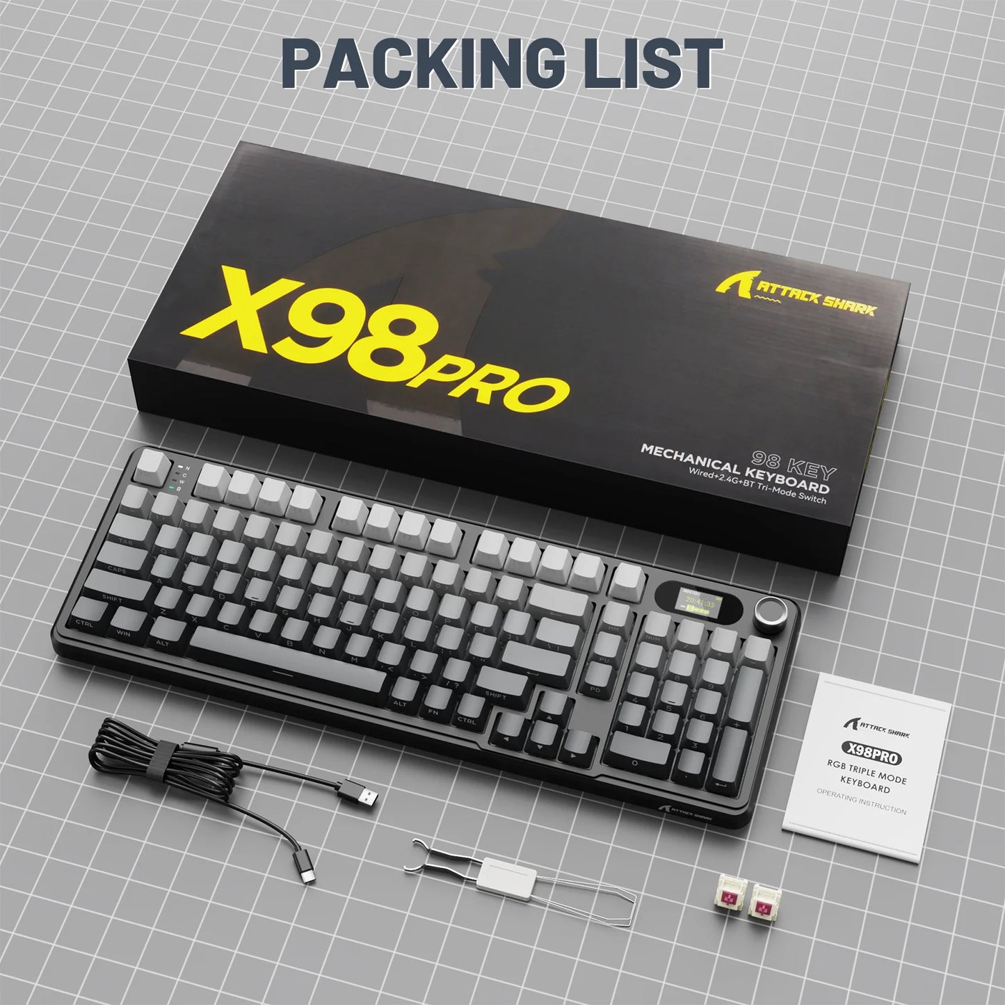 ATTACK SHARK X98PRO Tri-mode Gasket Mechanical Keyboard with TFT Screen & Knob, 99Keys Layout, 5-Layer Foams, Hot-Swap, RGB