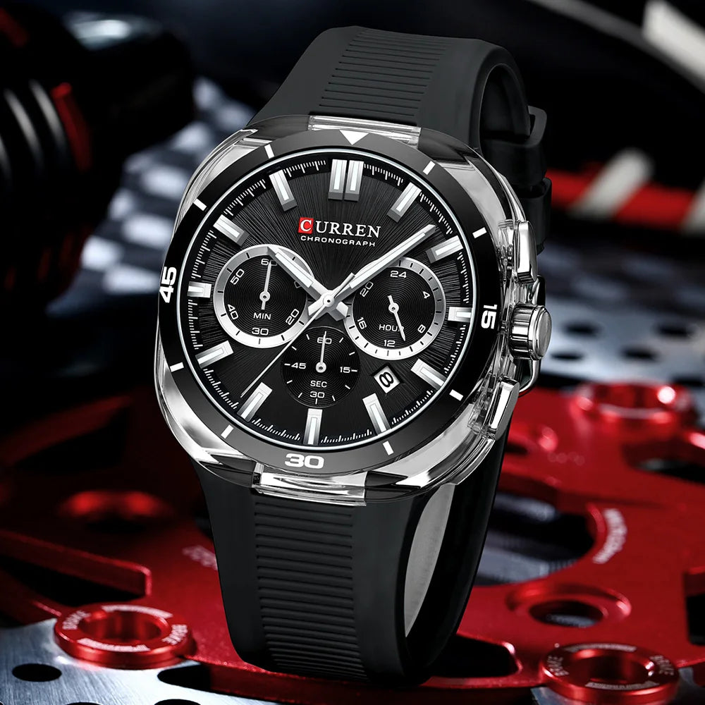 Montre pour homme CURREN – Nouveau modèle de luxe à quartz, bracelet en silicone, style sportif, multifonction, étanche, lumineuse, avec affichage de la date et chronomètre.
