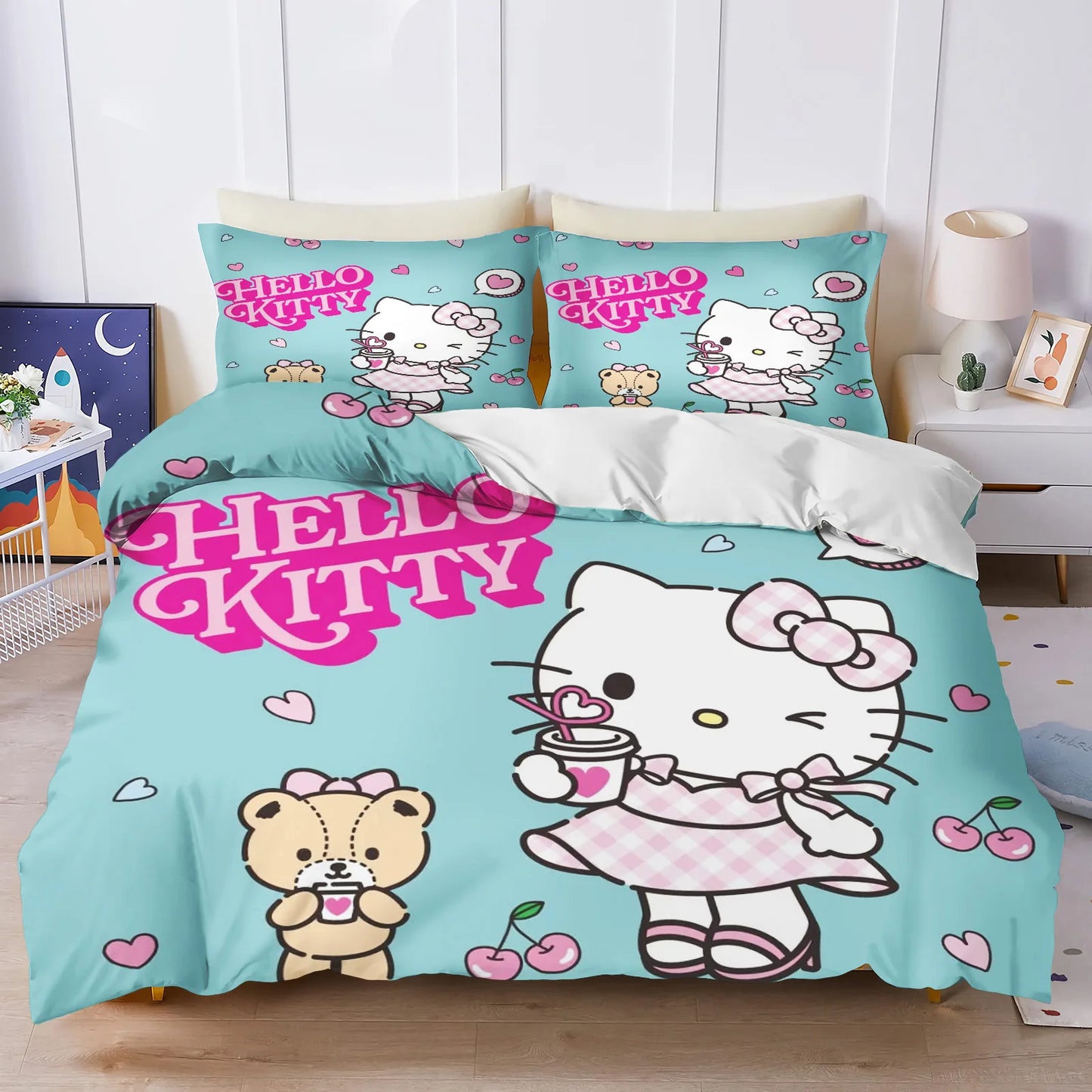 Hello Kitty Duvet Cover Set Comforter Bedding 3D Children's Bedding Set 3-Piece 1 Quilt Cover King Size
