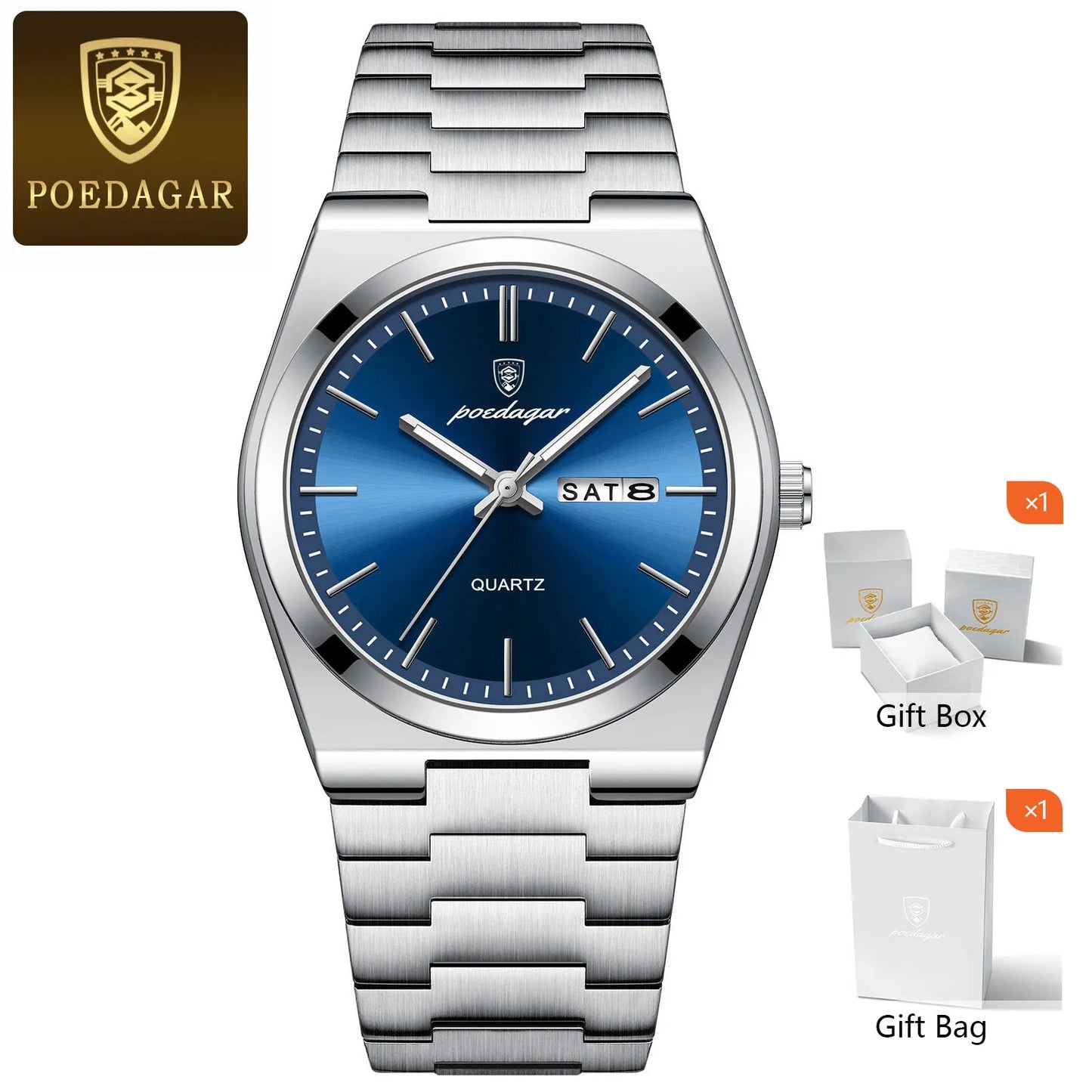 POEDAGAR Fashion Men Watch Waterproof Luminous Date Week Men's Watches Stainless Steel Functional Man Quartz Watch with Gift Box