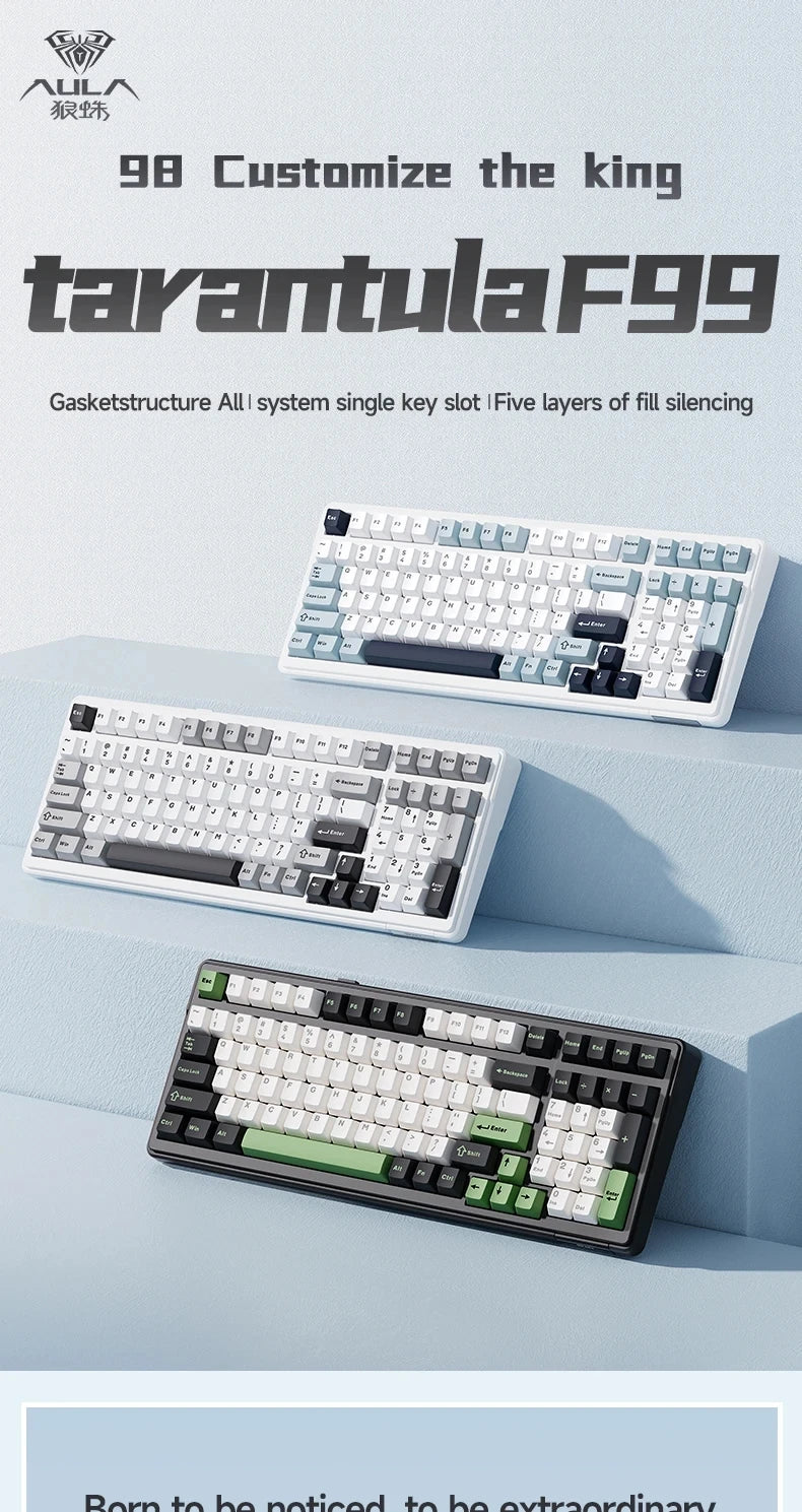Aula F99 Gaming Mechanical Keyboard Three Mode 2.4g Wireless Bluetooth Wired Hot Swap PBT Gasket RGB For Games Typing 99 Keys