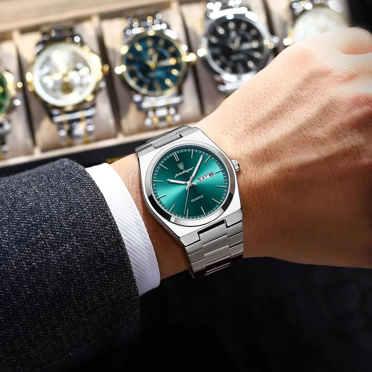 POEDAGAR Fashion Men Watch Waterproof Luminous Date Week Men's Watches Stainless Steel Functional Man Quartz Watch with Gift Box