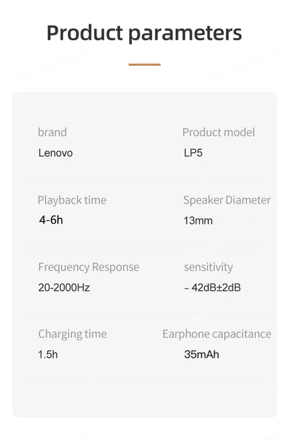 Lenovo LP5 TWS Wireless Bluetooth Earphones with Mic, Lenovo LP5 Gaming Earbuds Bluetooth 5.3 Headphones, Noise Cancelling Sports Earbuds with HD Calls & Charging Case