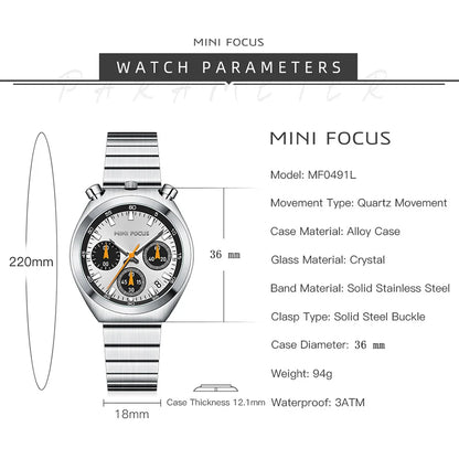 MINI FOCUS Women’s Luxury Quartz Watch – Stainless Steel Strap, Multifunction Dial & Luminous Design