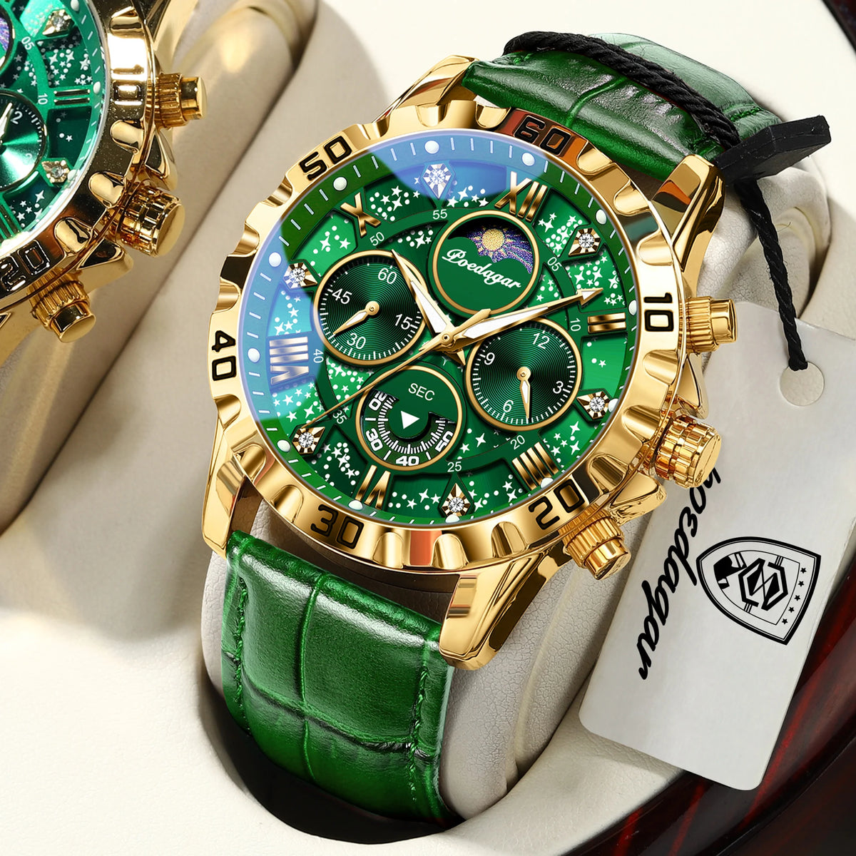 Luxus-Armbanduhr POEDAGAR für Herren – Sportlicher, wasserdichter und leuchtender Chronograph mit Lederarmband, Quarzwerk