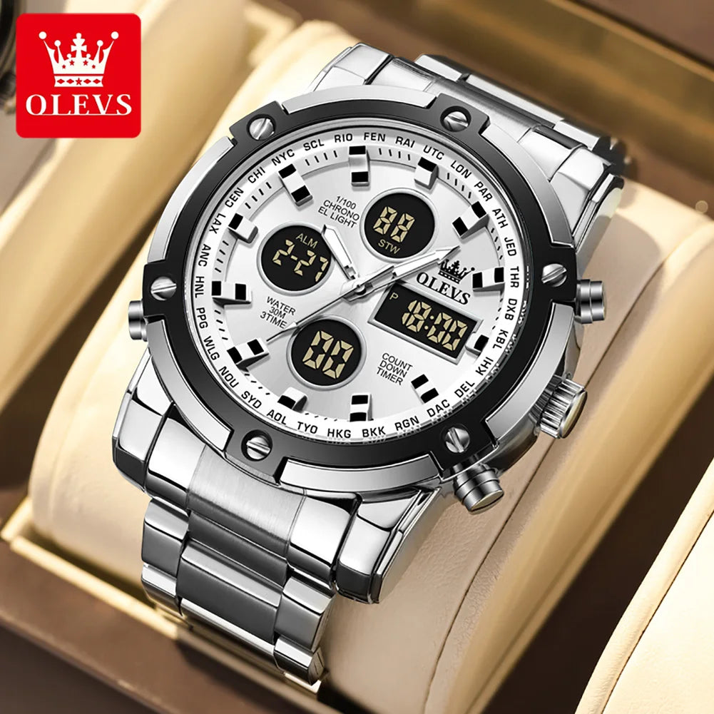 Relógio de homem OLEVS – Relógio de pulso de quartzo, estanque, em aço inoxidável, com ecrã LED – Estilo desportivo e moderno (modelo 1106)