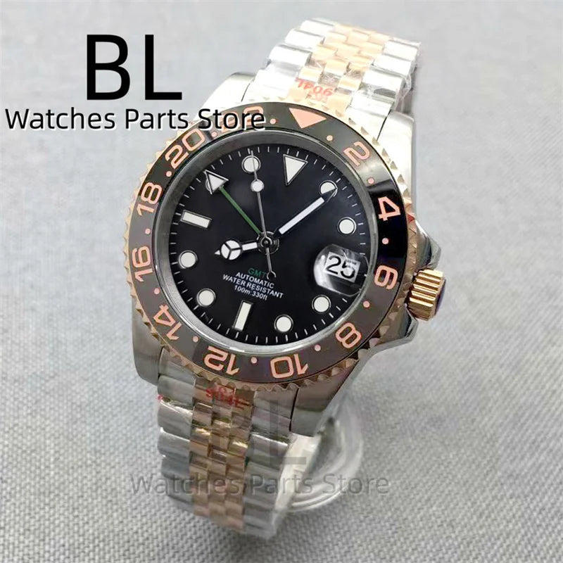 BLIGER 40mm NH34 GMT Watch For Men With Black Gray Ceramic Bezel Sapphire Glass Green Gmt Hands Green GMT Text Jubilee Bracelet
