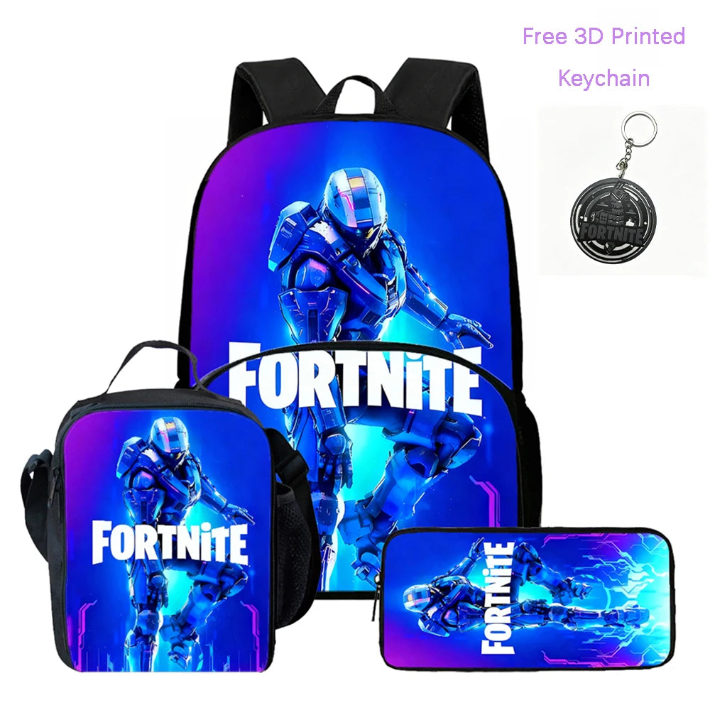 3-teiliges FORTNITE Cartoon-Schulset mit leichtem Rucksack, Fronttasche, Lunchbox und Federmäppchen für Kinder von 5-9 Jahren + kostenloser 3D-gedruckter Schlüsselanhänger