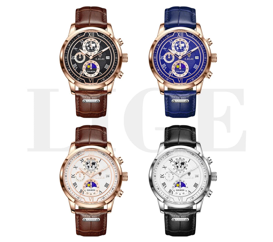 LIGE Luxury Man Wristwatch Waterproof Luminous Chronograph Watch for Men Leather Strap Men's Quartz Watches Reloj Hombre+Box