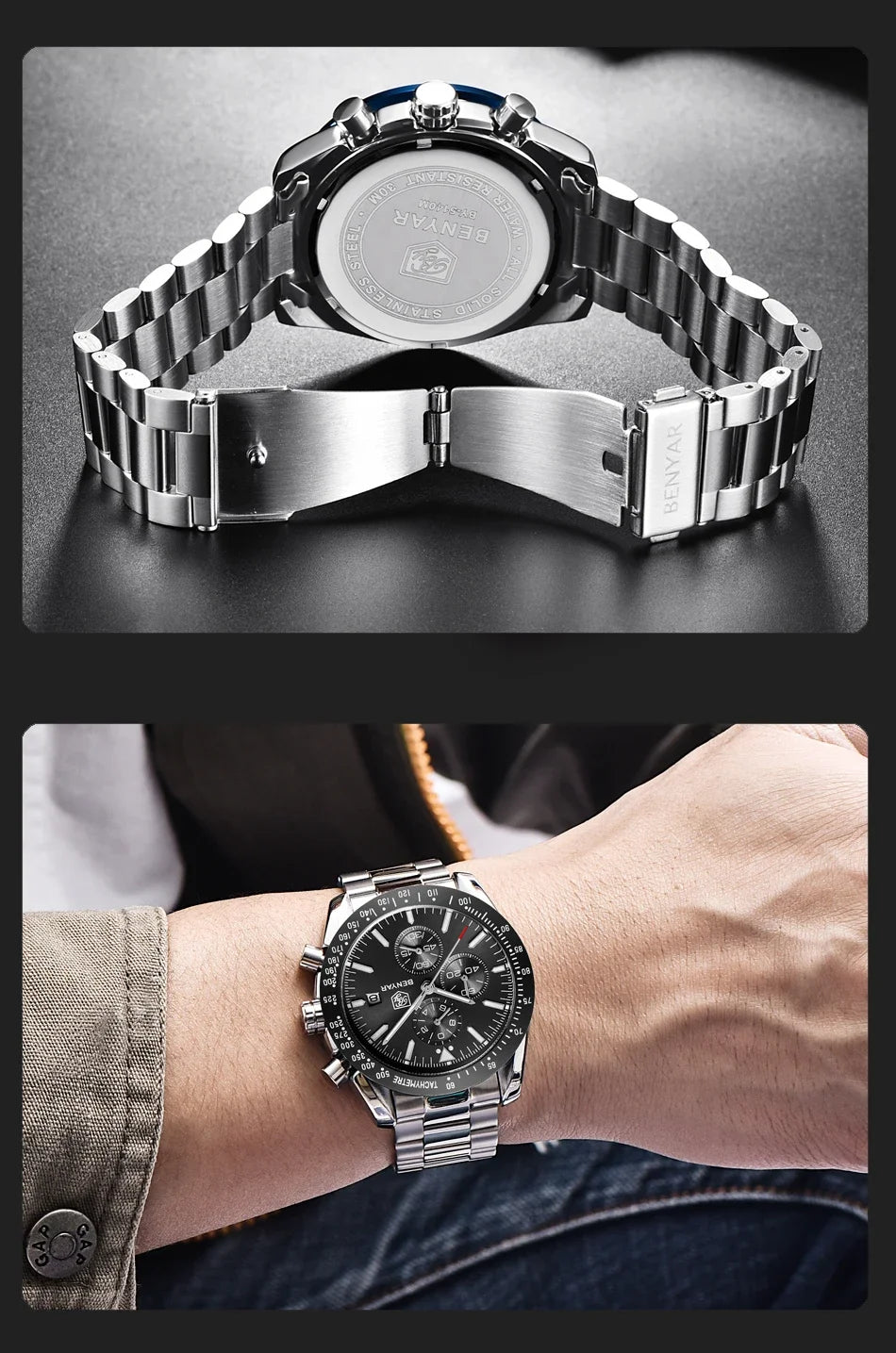 Men Watch BENYAR Top Brand Luxury Full Steel Business Quartz Watch Men Casual Waterproof Sports Watches Clock Relogio Masculino